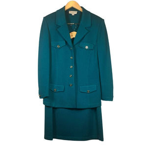St John Teal Blue Knit Blazer Jacket and Skirt Suit Set Size 14 FLAW